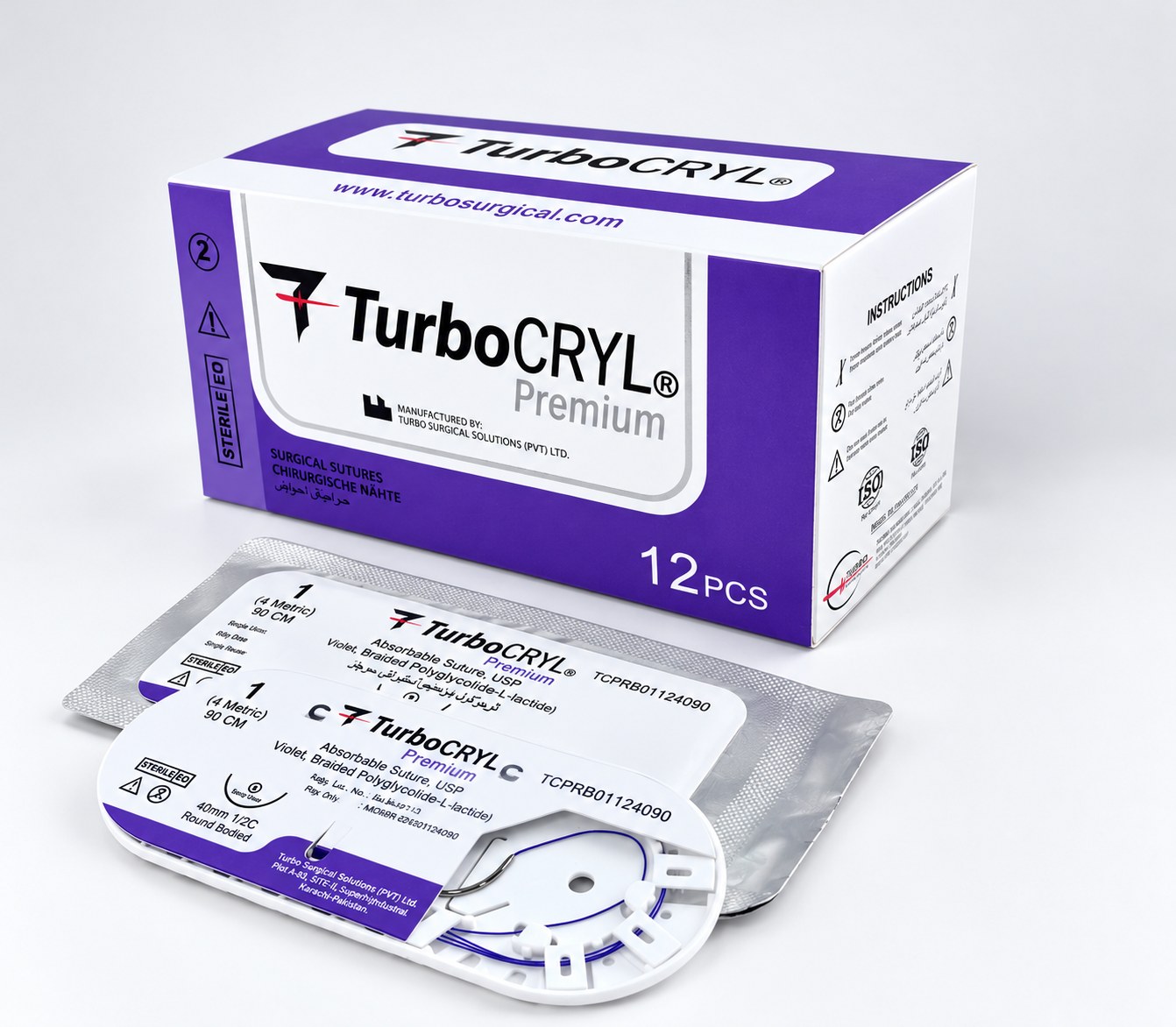 TurboCryl® Premium absorbable suture box and sterile pack by Turbo Surgical